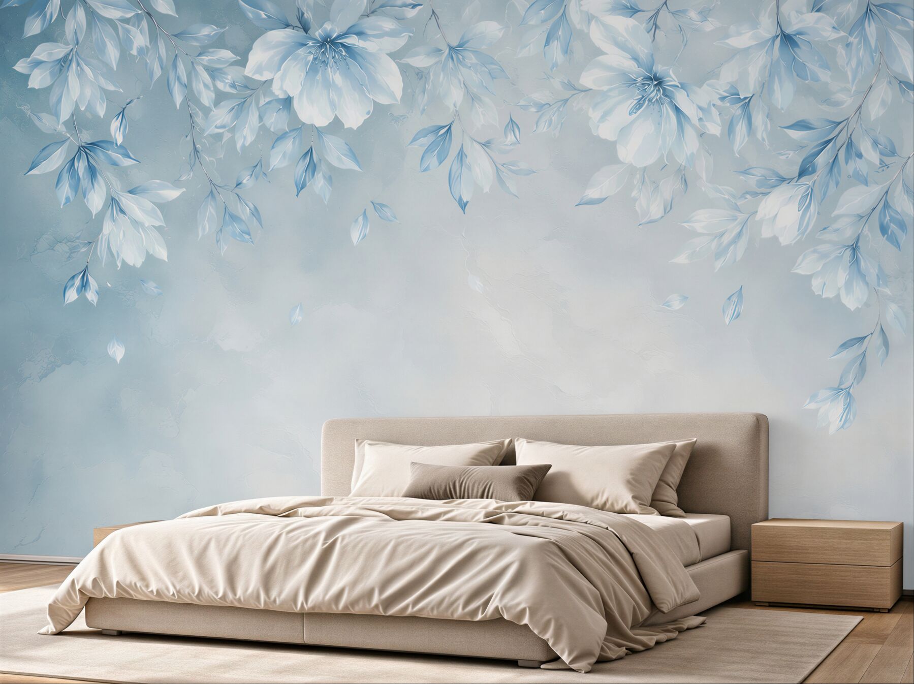 Fototapeten zarte blaue Blumen und Blätter für ein romantisches Schlafzimmer