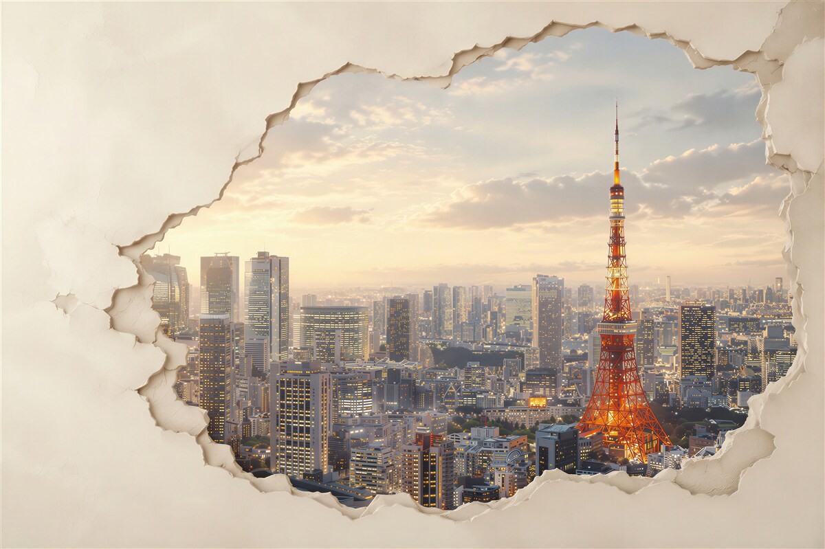 Fototapeten Panorama von Tokio mit Turm Risswand-Effekt
