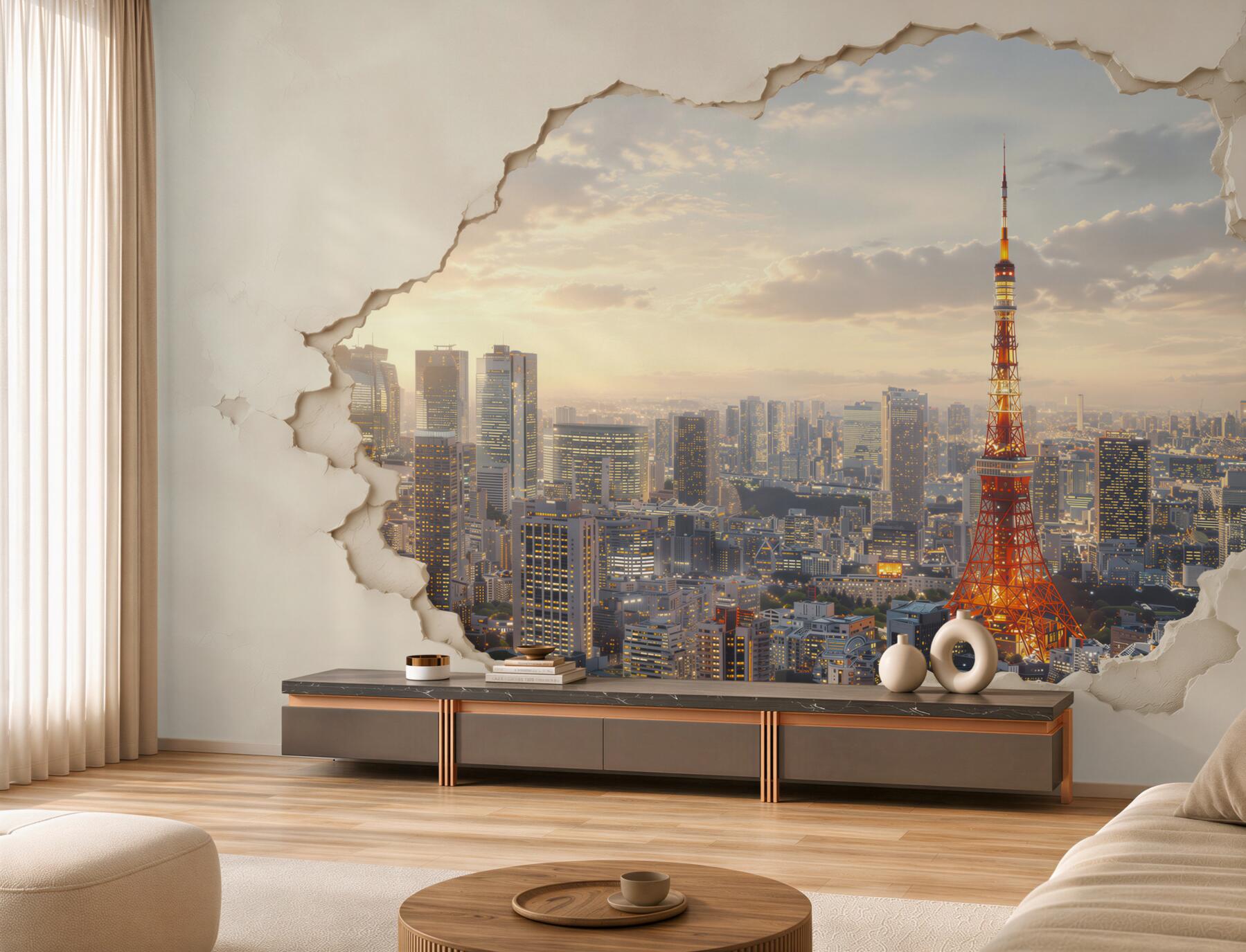 Fototapeten Panorama von Tokio mit Turm Risswand-Effekt
