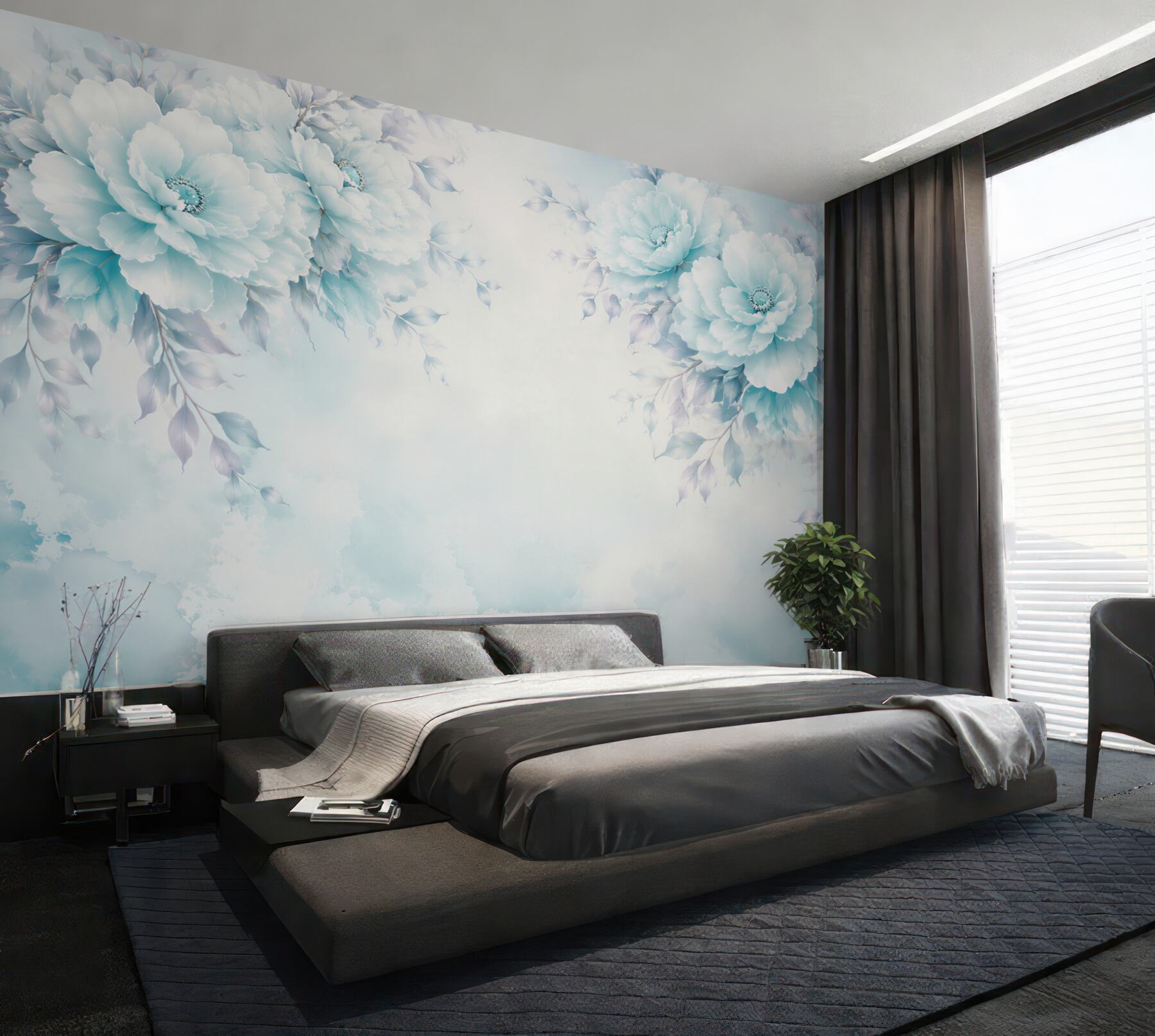 Fototapeten blaue Pfingstrosen Aquarell zart für das Schlafzimmer
