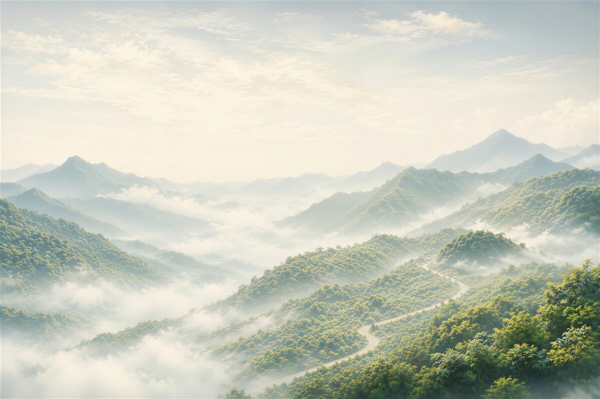 Fototapeten Berge im Nebel mit kurvenreicher Straße ruhige Landschaft