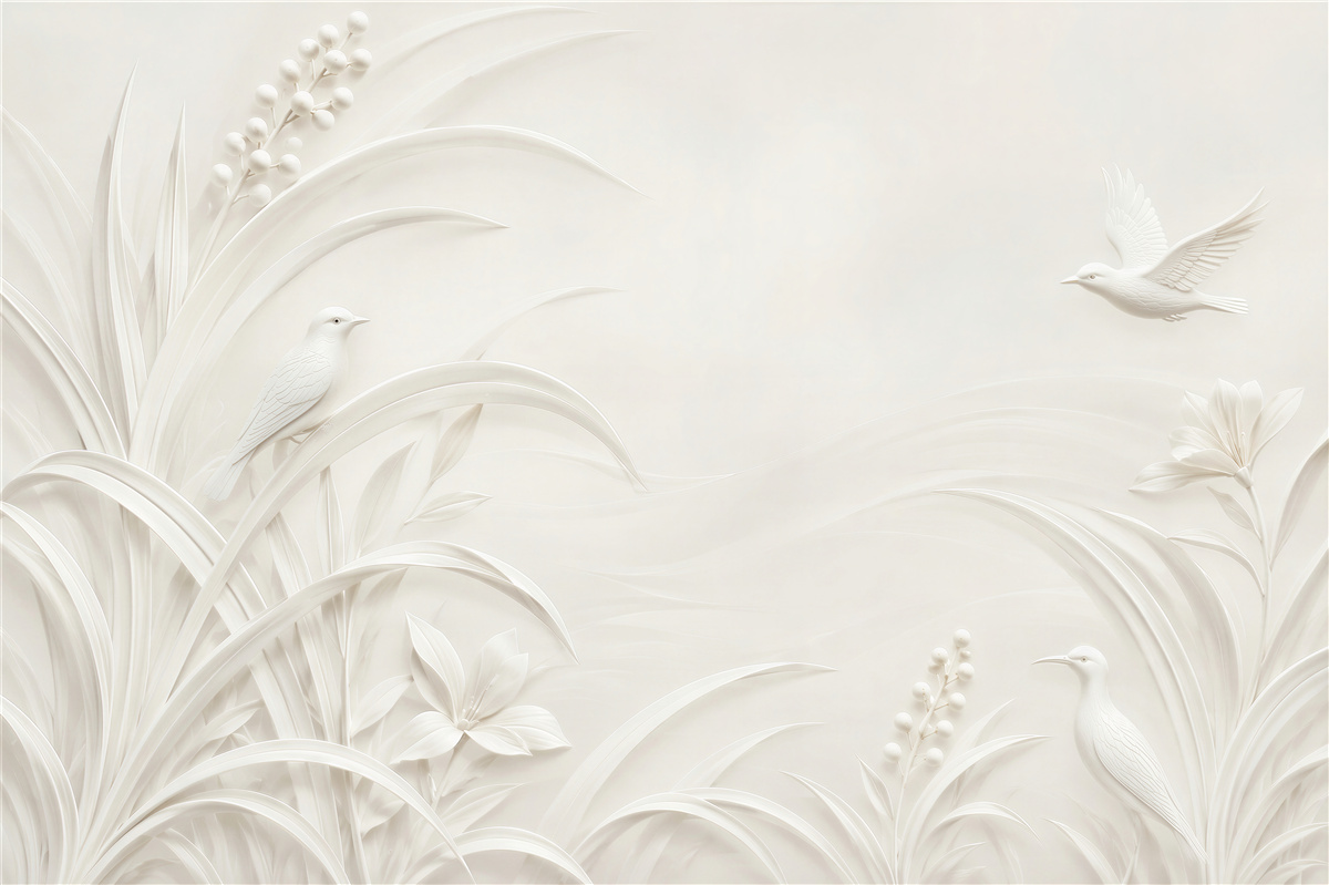 Fototapeten weiße Vögel und räumliche Blumen auf cremefarbenem Hintergrund elegant