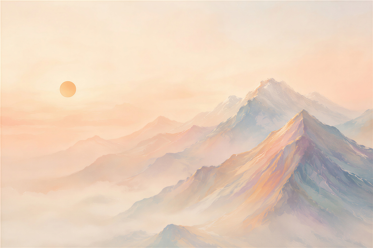 Fototapeten Pastellberge im Nebel bei Sonnenaufgang