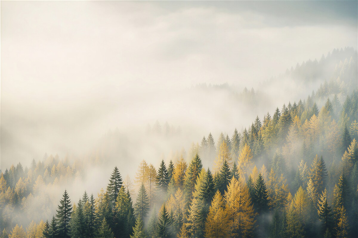 Fototapeten Herbstwald im Nebel mit Sonnenstrahlen