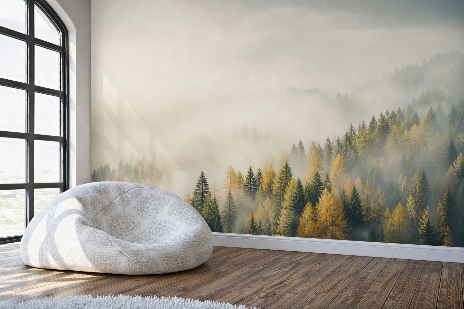 Fototapeten Herbstwald im Nebel mit Sonnenstrahlen