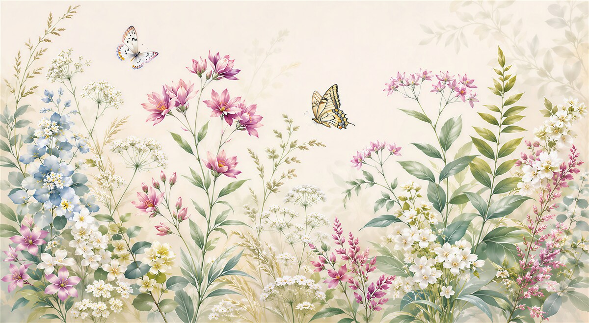 Fototapeten Blumenwiese mit Schmetterlingen pastellfarben romantisch
