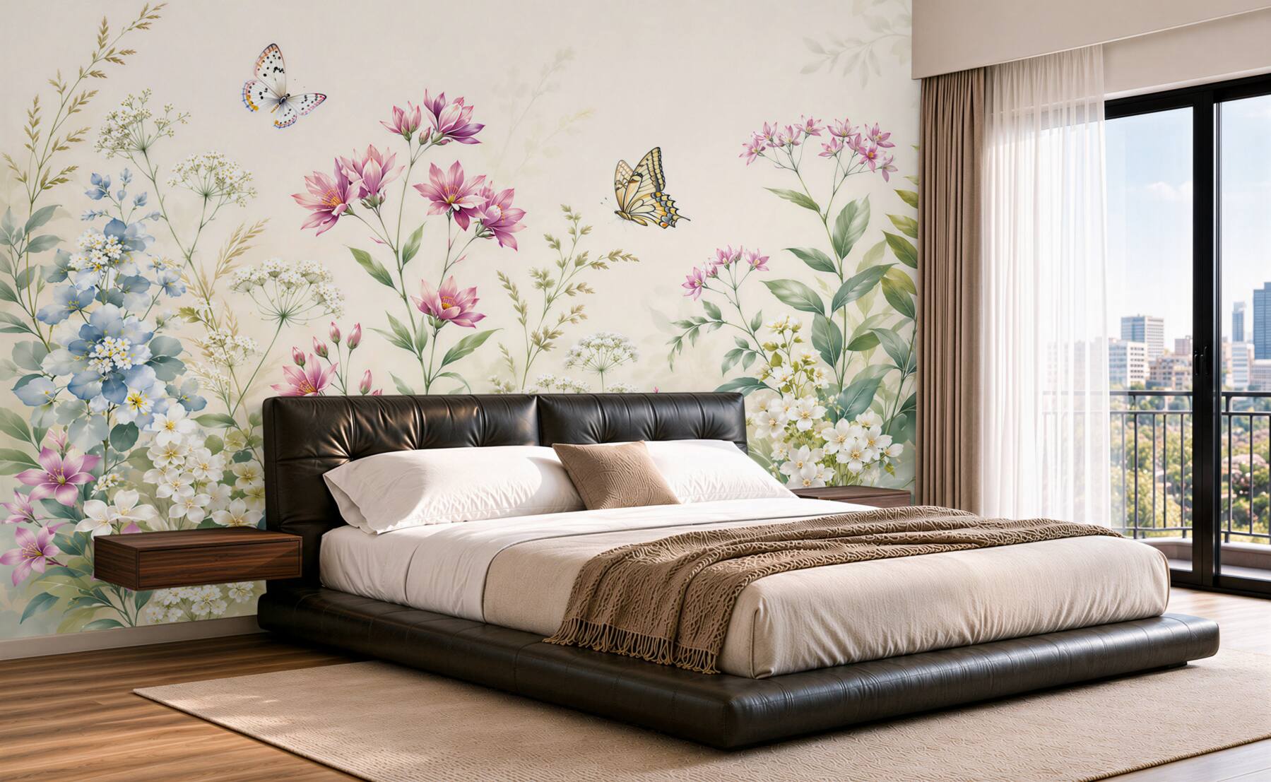 Fototapeten Blumenwiese mit Schmetterlingen pastellfarben romantisch