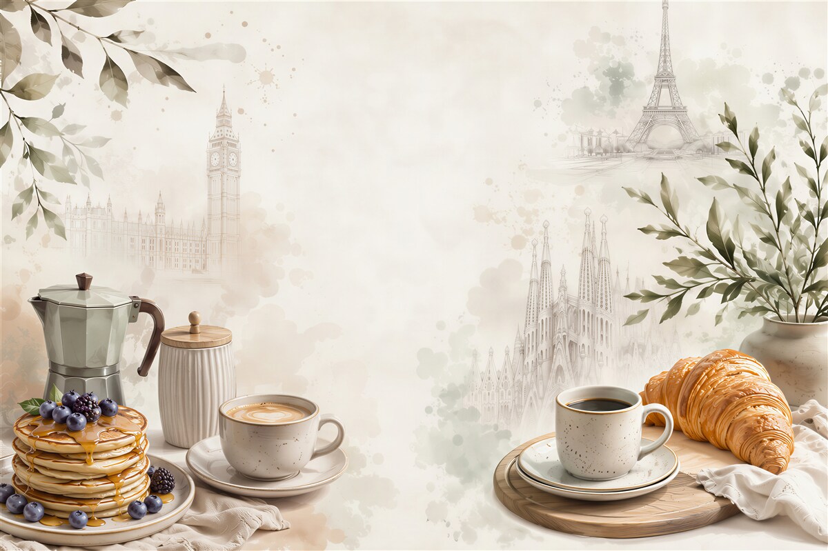 Fototapeten Pariser Café mit Croissant und Kaffee in beigen Tönen