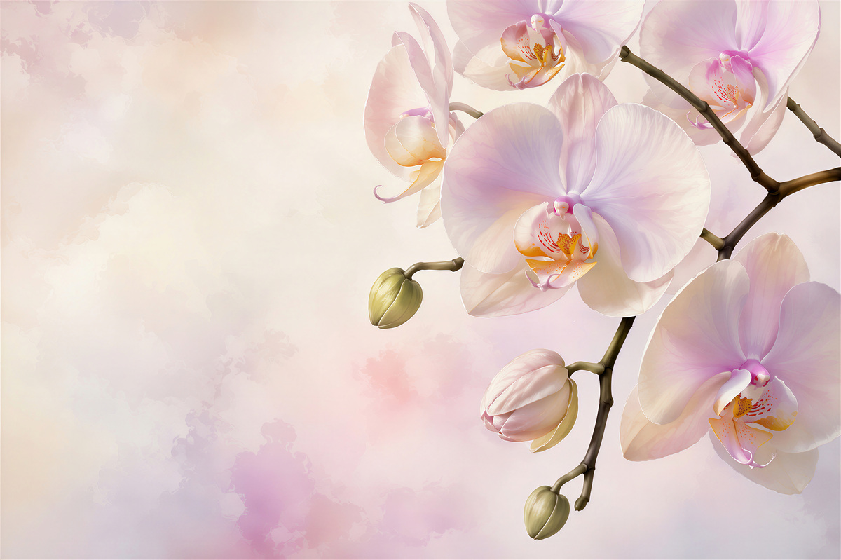 Fototapeten rosa Orchideen auf hellem Hintergrund romantisch für das Schlafzimmer