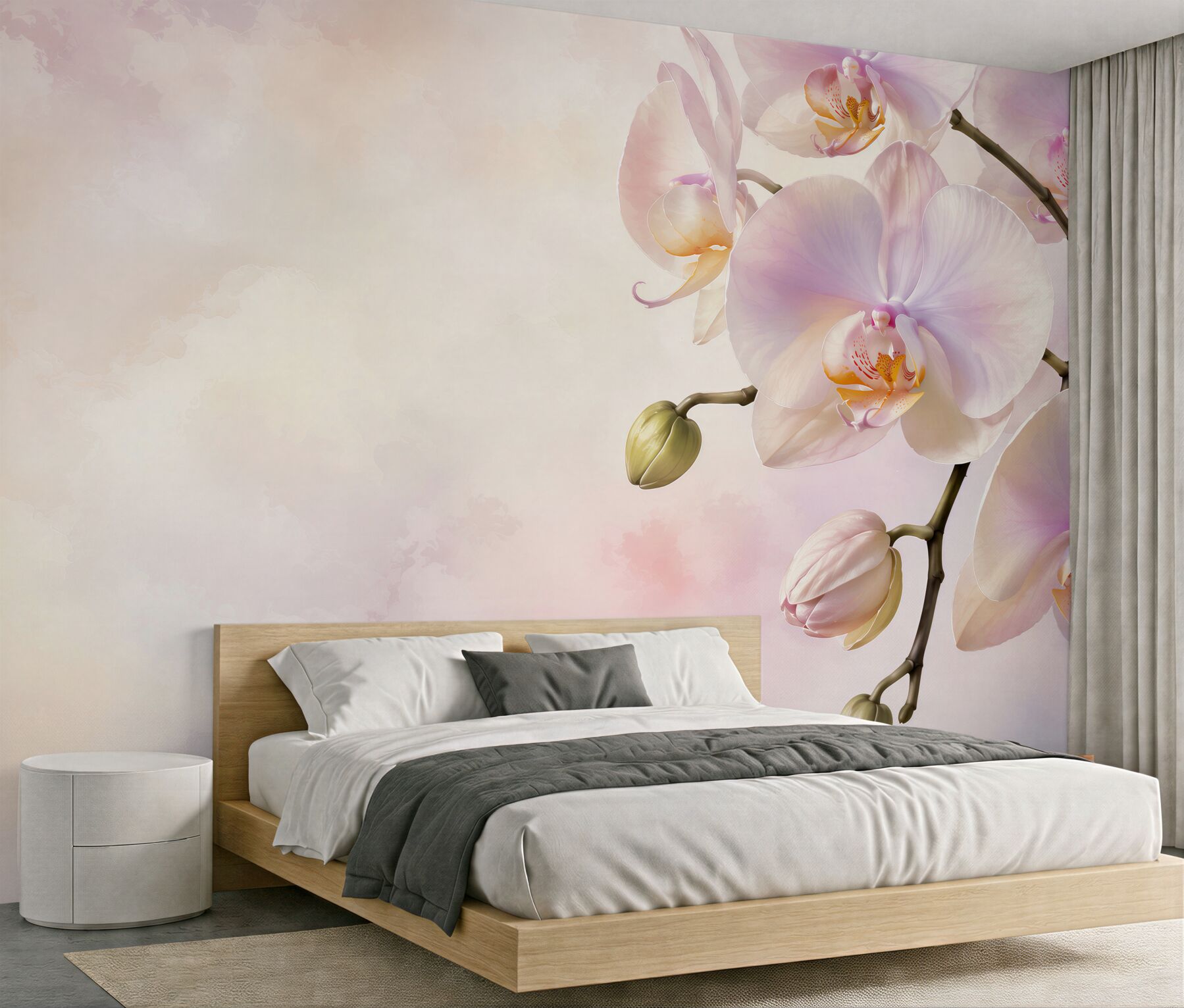 Fototapeten rosa Orchideen auf hellem Hintergrund romantisch für das Schlafzimmer