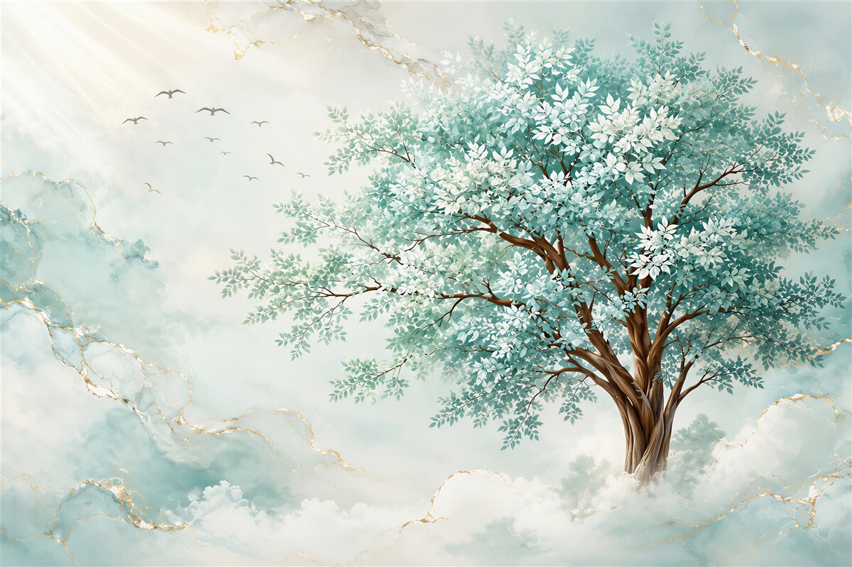 Fototapeten Baum in den Wolken türkis und gold elegant