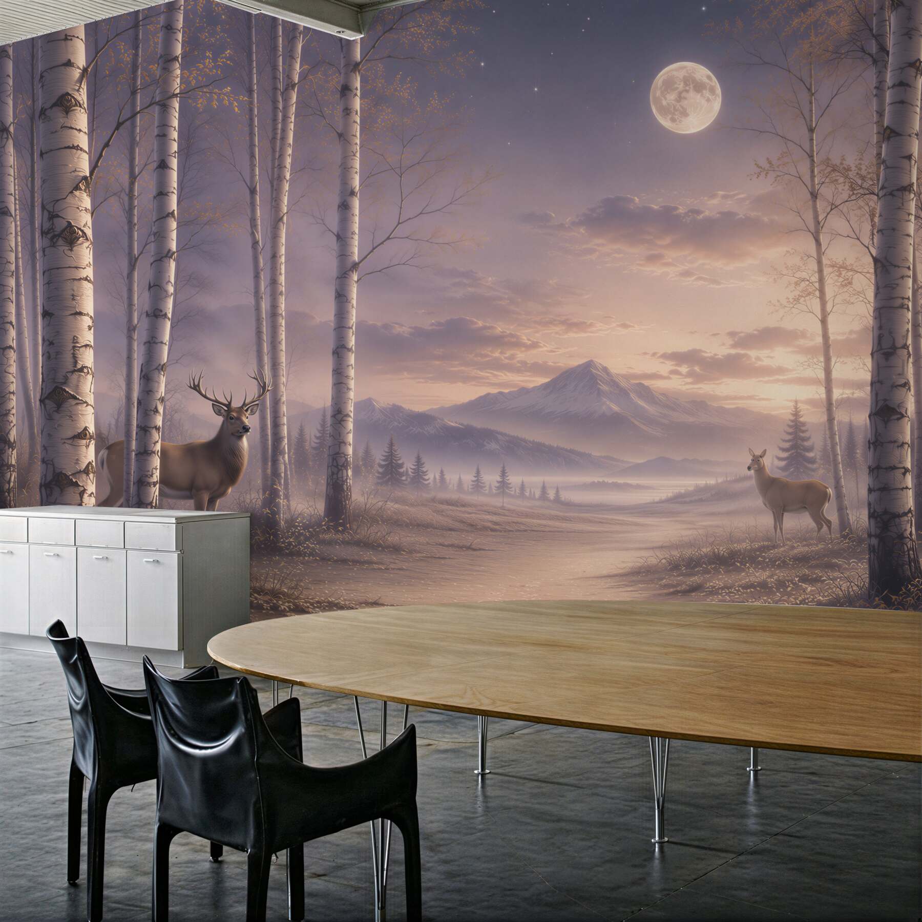 Fototapeten Birkenwald mit Rehen und Bergen im Mondschein