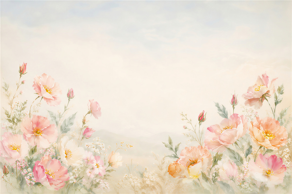 Fototapeten pastellfarbene Blumen Pfingstrosen und Mohn auf hellem Hintergrund für das Schlafzimmer