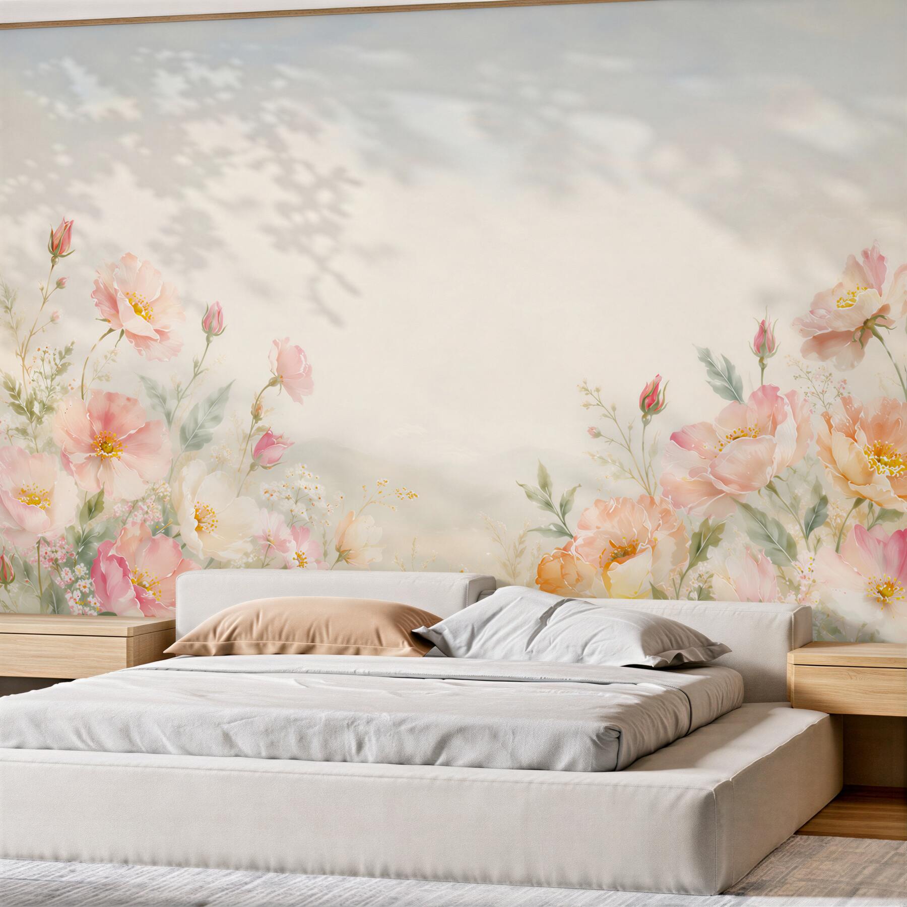 Fototapeten pastellfarbene Blumen Pfingstrosen und Mohn auf hellem Hintergrund für das Schlafzimmer