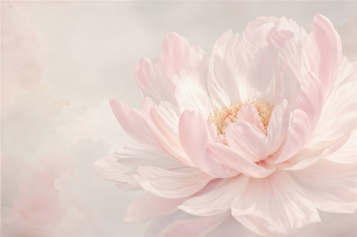 Fototapeten pudriges rosa Pfingstrosenblume auf hellem Hintergrund elegant und subtil