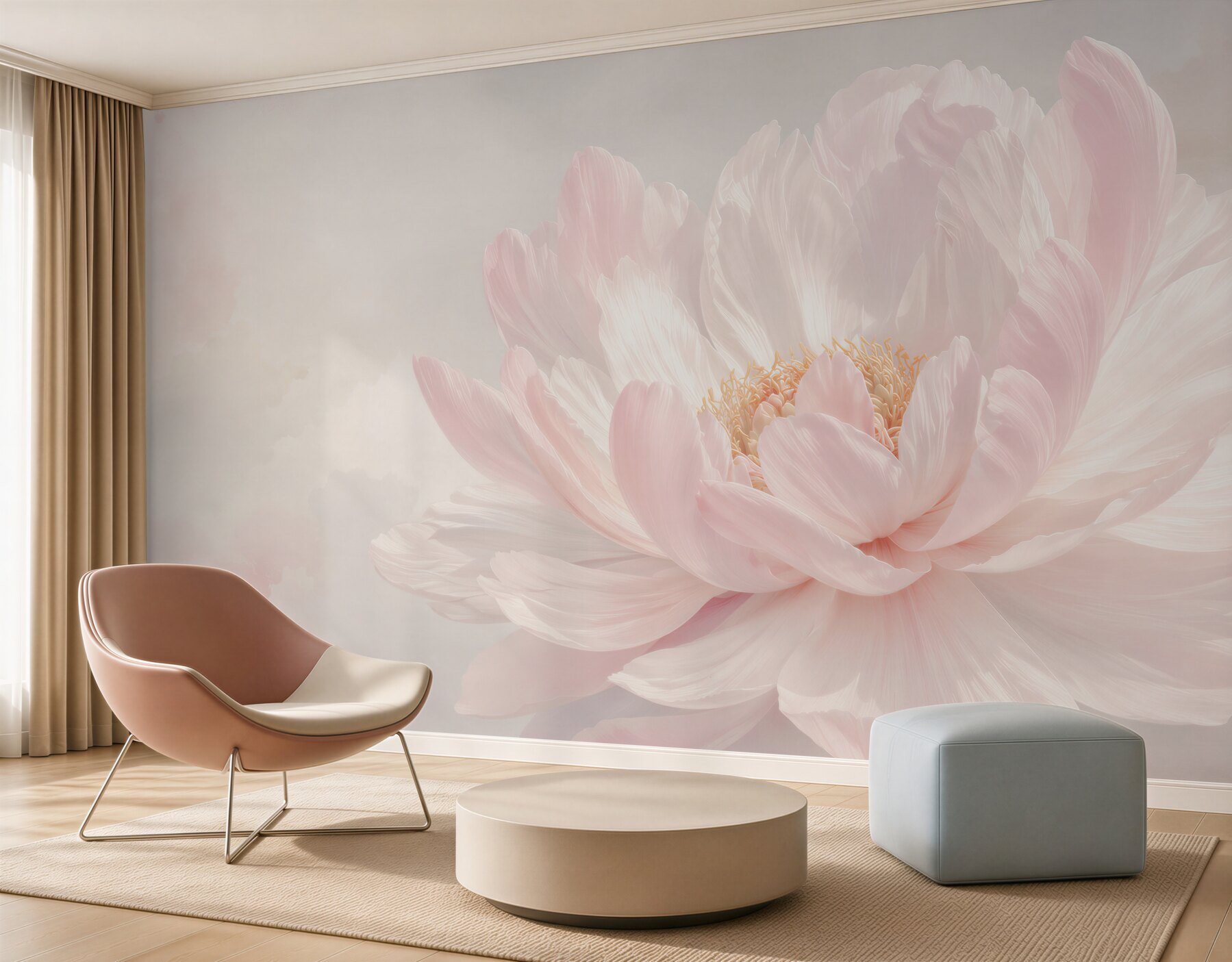 Fototapeten pudriges rosa Pfingstrosenblume auf hellem Hintergrund elegant und subtil