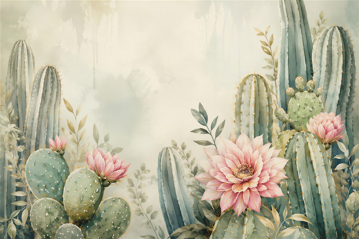 Fototapeten Kakteen mit rosa Blumen Pastell-Wüstenkomposition