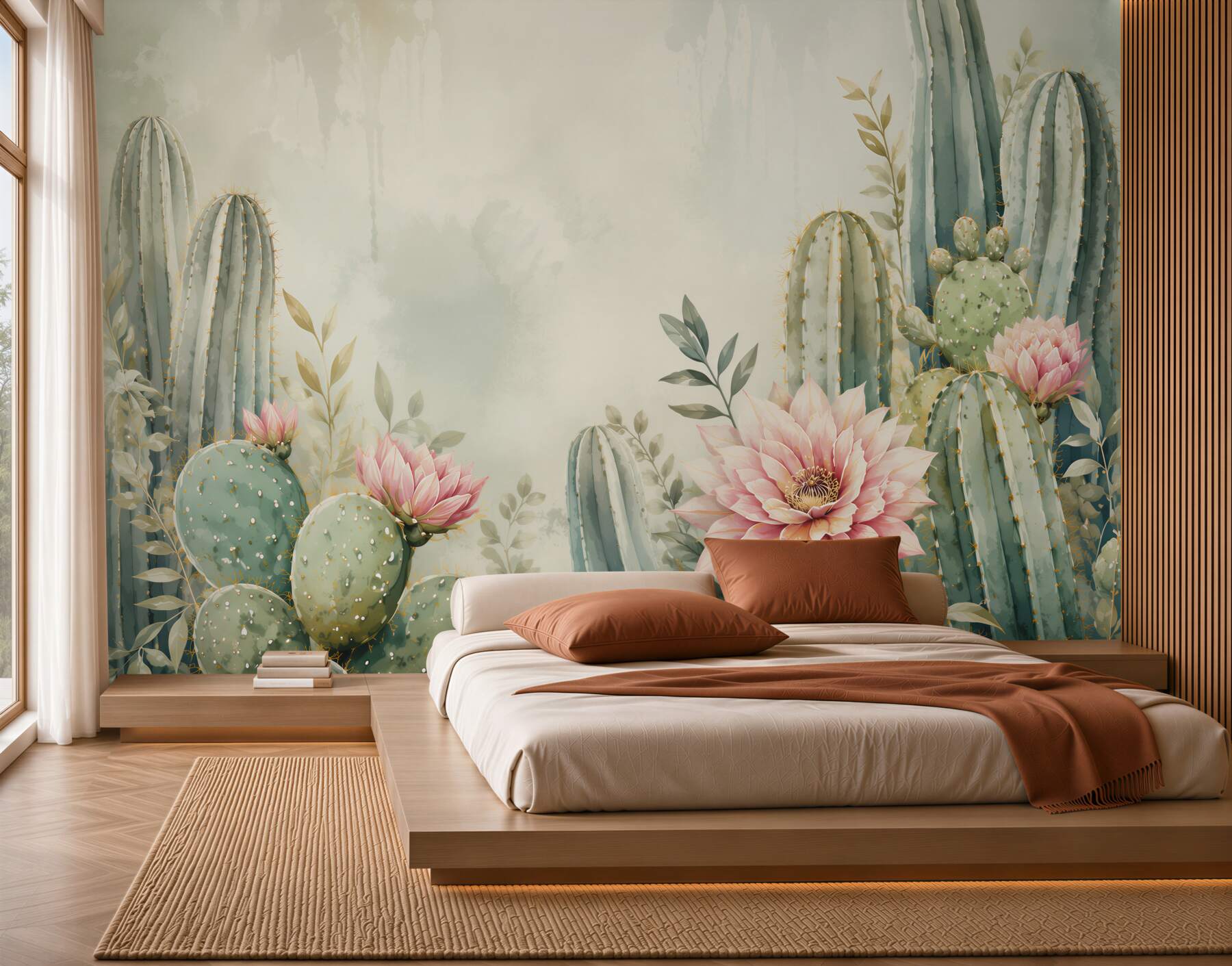 Fototapeten Kakteen mit rosa Blumen Pastell-Wüstenkomposition