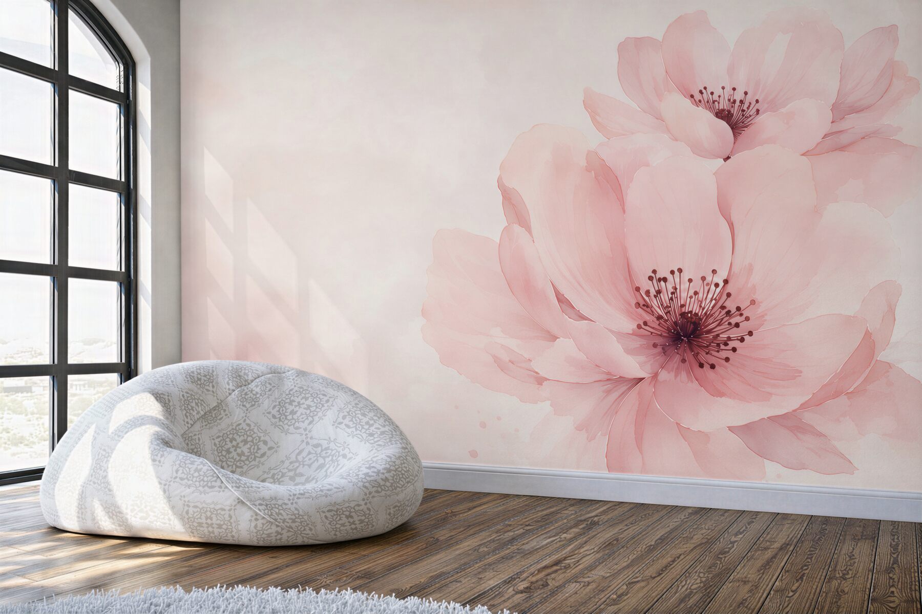Fototapeten zarte rosa Aquarellblumen für das Schlafzimmer