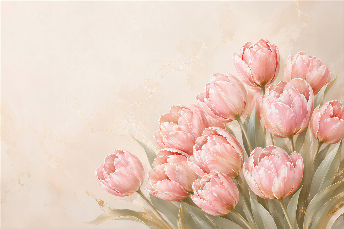 Fototapeten rosa Tulpen auf beigem Hintergrund elegant für das Wohnzimmer