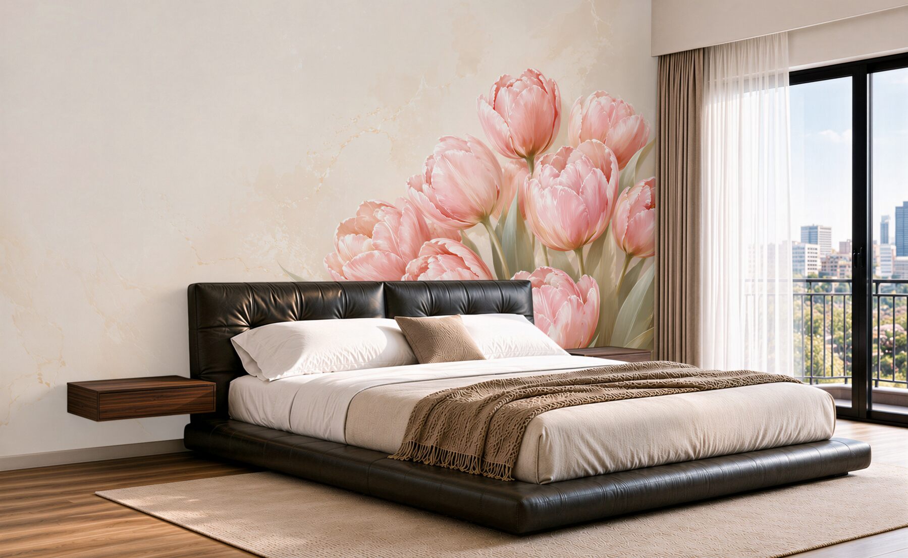 Fototapeten rosa Tulpen auf beigem Hintergrund elegant für das Wohnzimmer