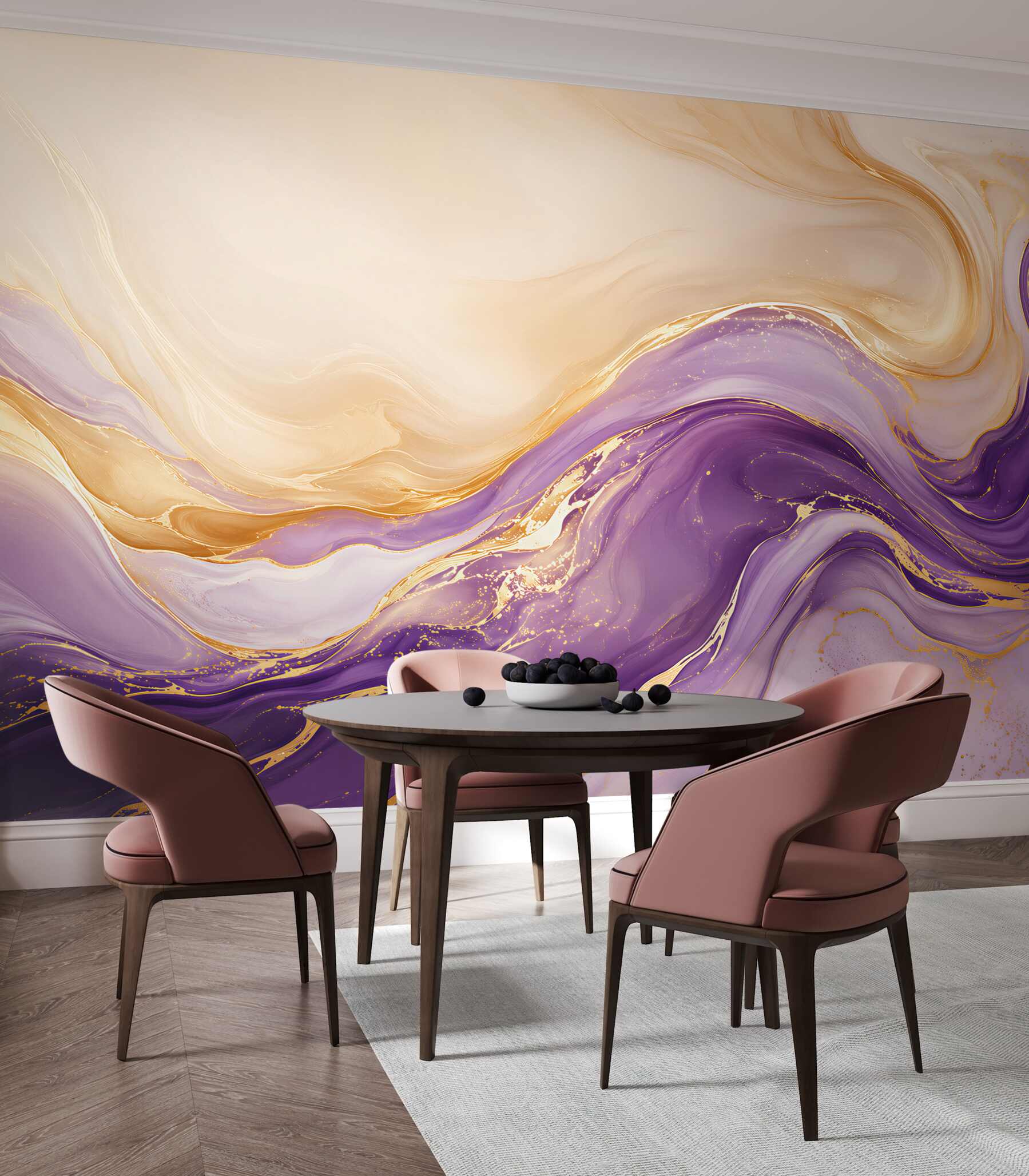 Fototapeten abstrakte Wellen lila mit Gold elegant für das Wohnzimmer