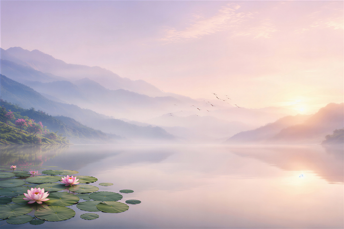 Fototapeten See bei Sonnenaufgang mit Seerosen und Bergen im Nebel