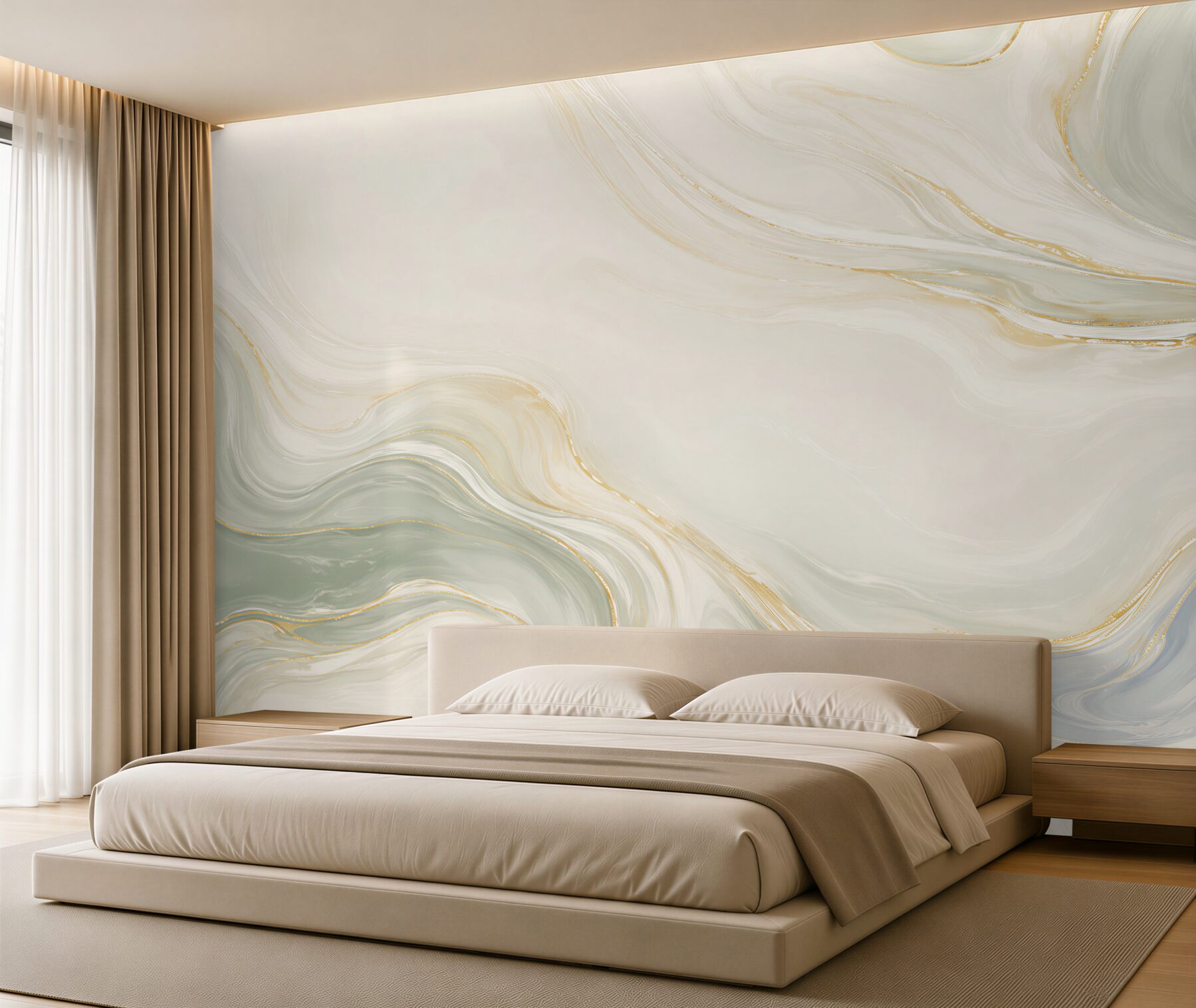 Fototapeten flüssiger Marmor creme-grün mit goldenen Akzenten