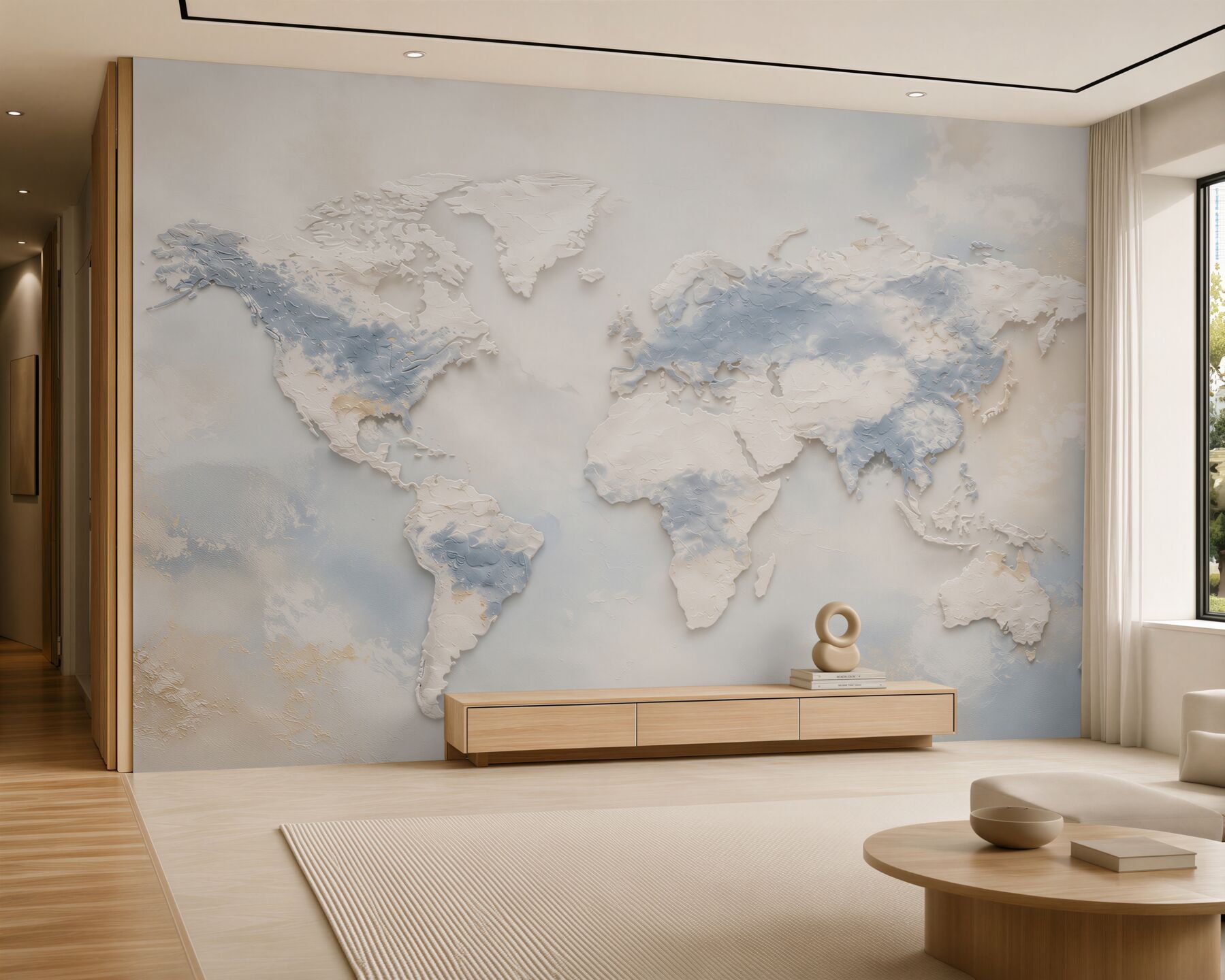 Fototapeten Weltkarte 3D beige-blau modern