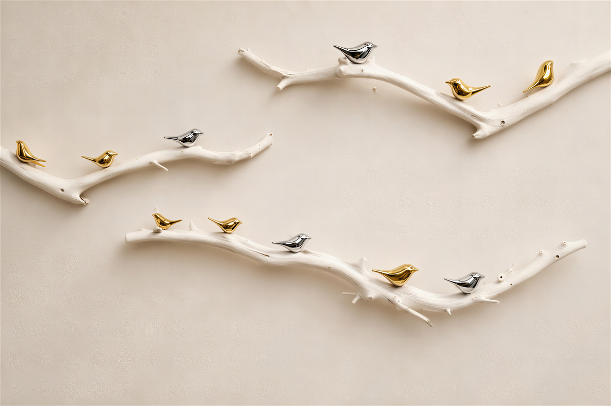 Fototapeten goldene und silberne Vögel auf minimalistischen Ästen 3D