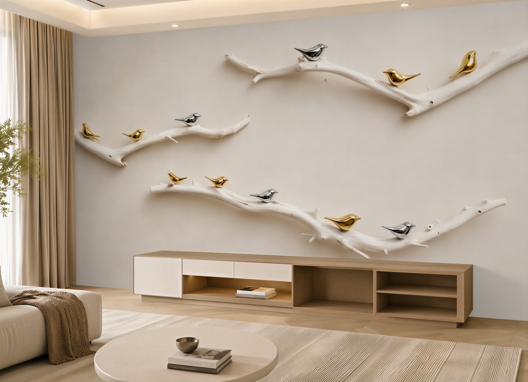 Fototapeten goldene und silberne Vögel auf minimalistischen Ästen 3D