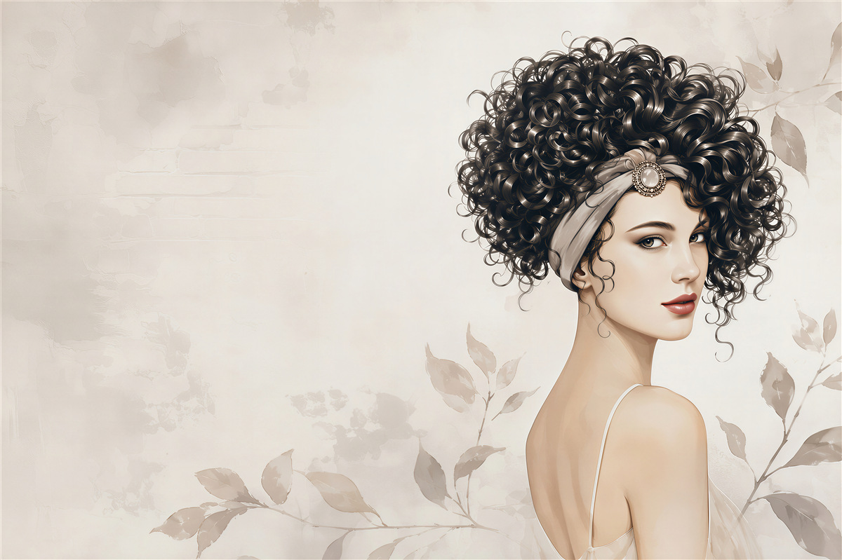 Fototapeten Frauenporträt mit Locken und Blättern in beigen Tönen