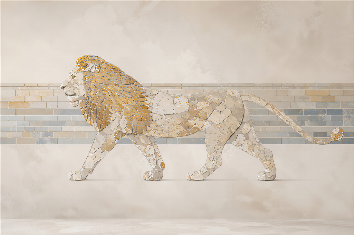 Fototapeten Mosaiklöwe beige und gold moderne Wanddekoration