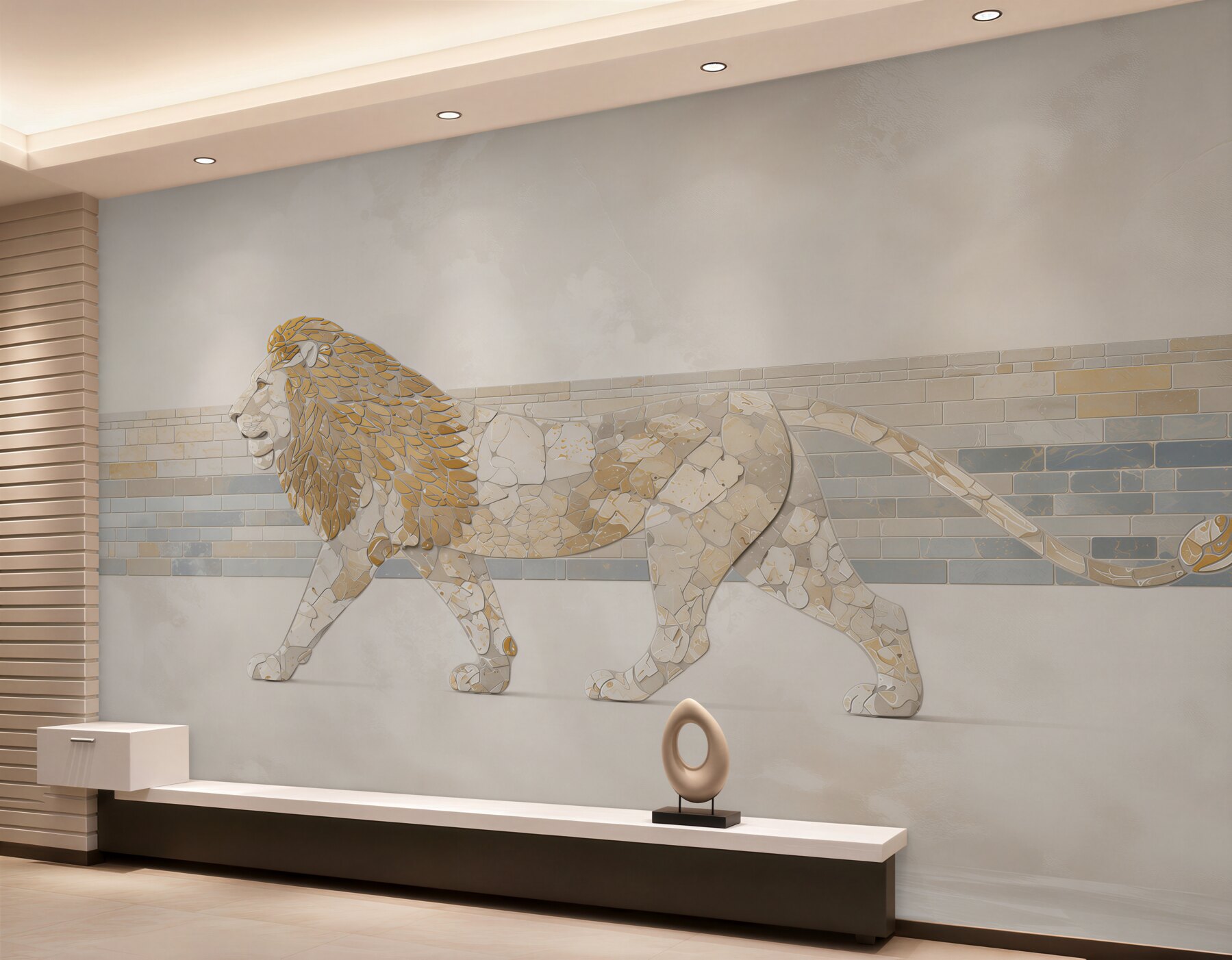 Fototapeten Mosaiklöwe beige und gold moderne Wanddekoration