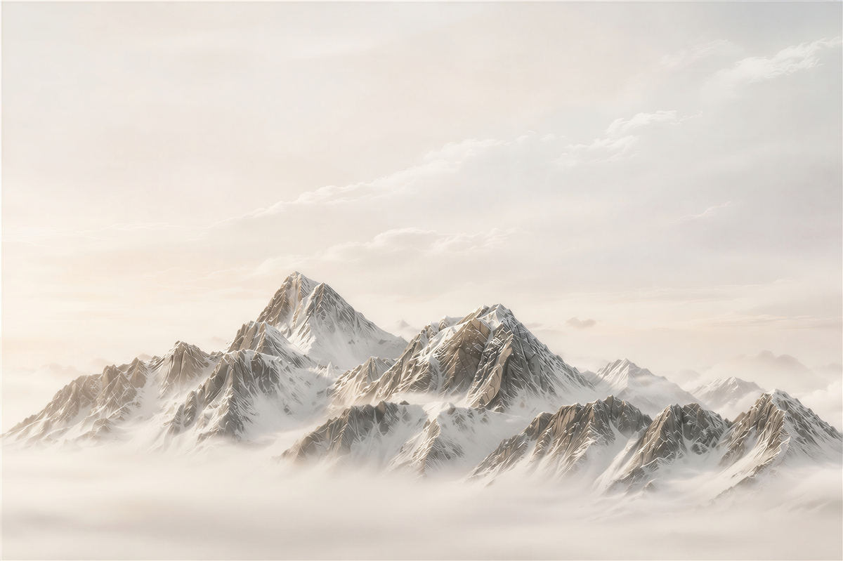 Fototapeten verschneite Berge über den Wolken in hellbeigen Tönen