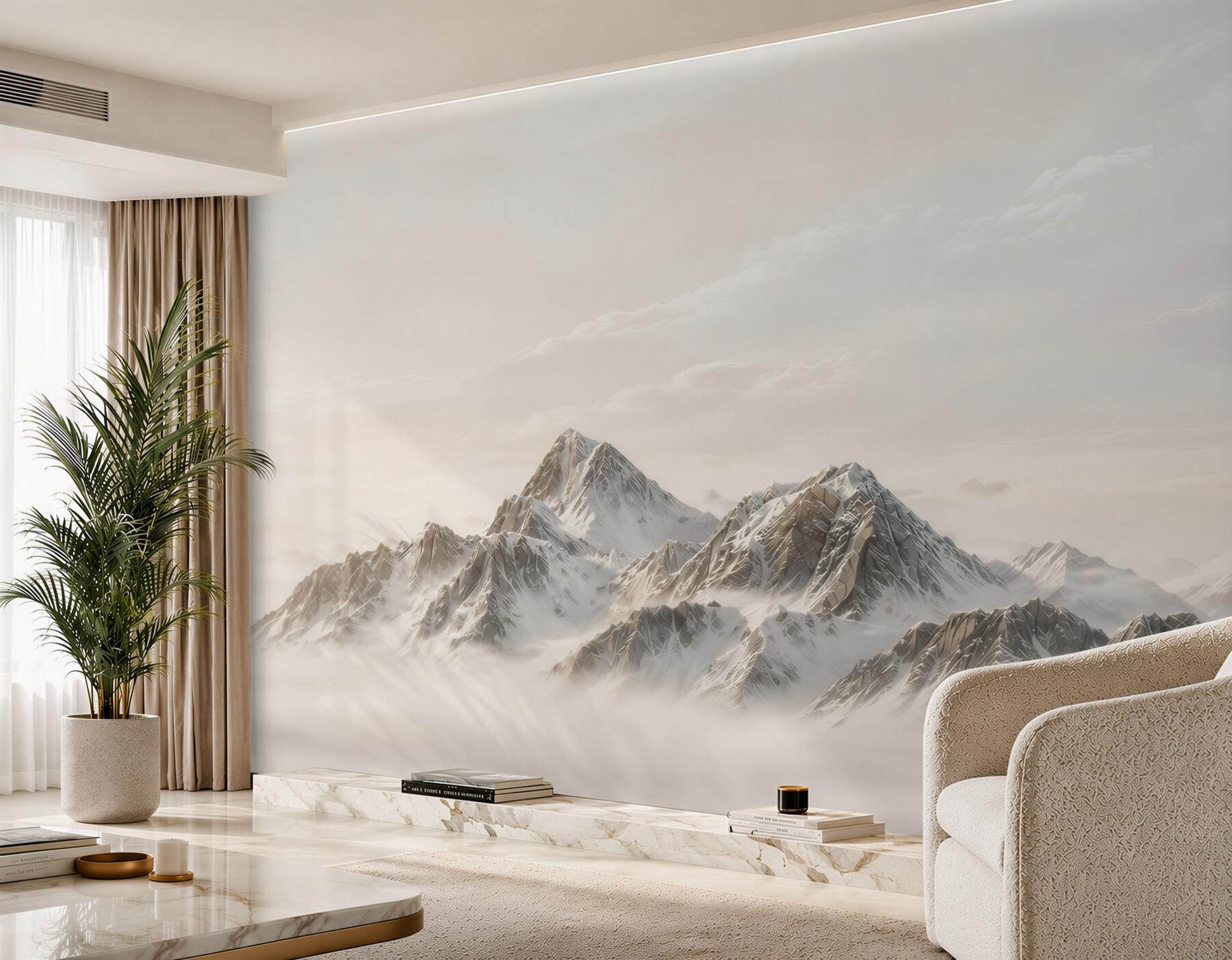 Fototapeten verschneite Berge über den Wolken in hellbeigen Tönen