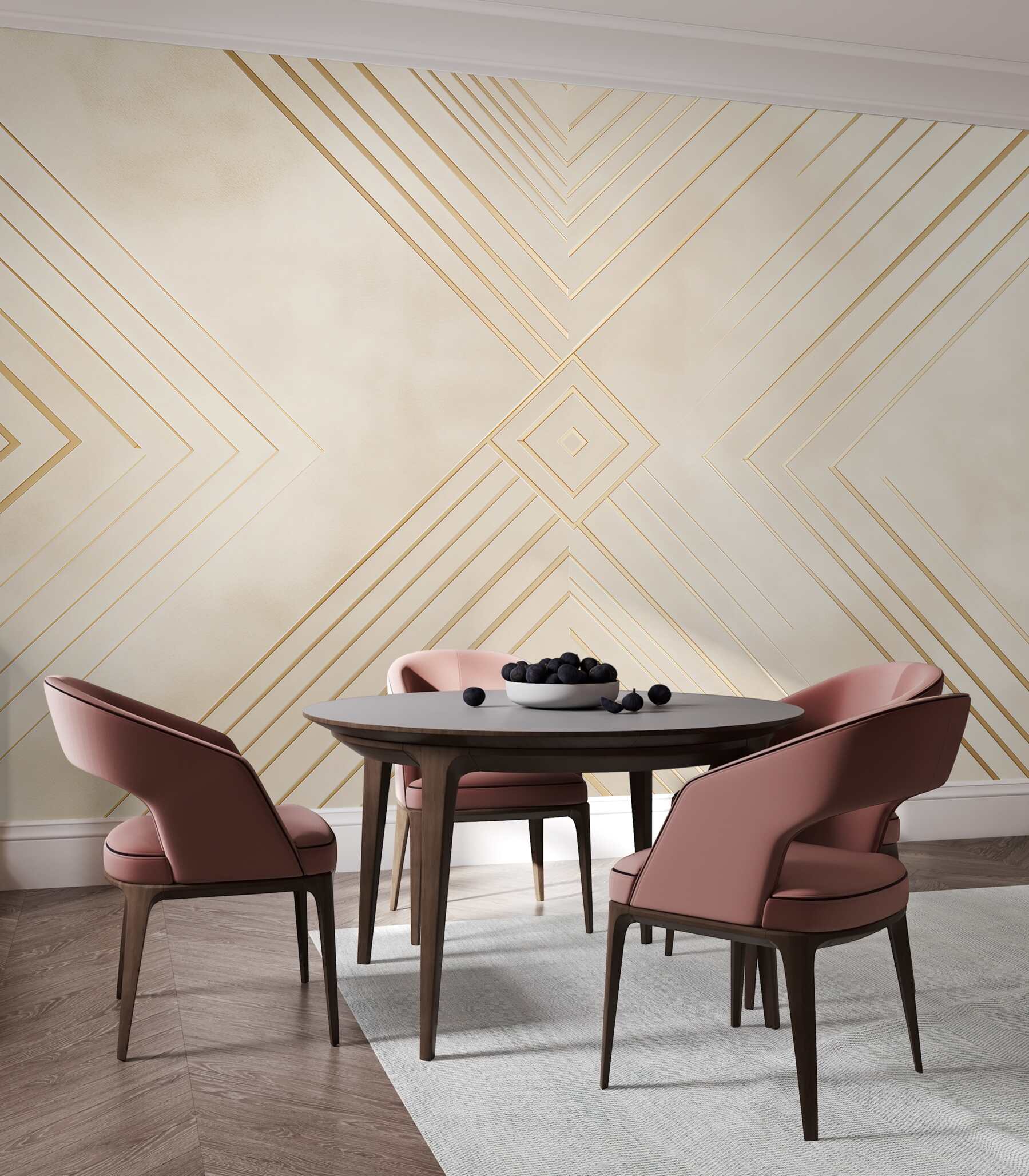 Fototapeten geometrisches Art Deco beige mit goldenen Linien für das Wohnzimmer