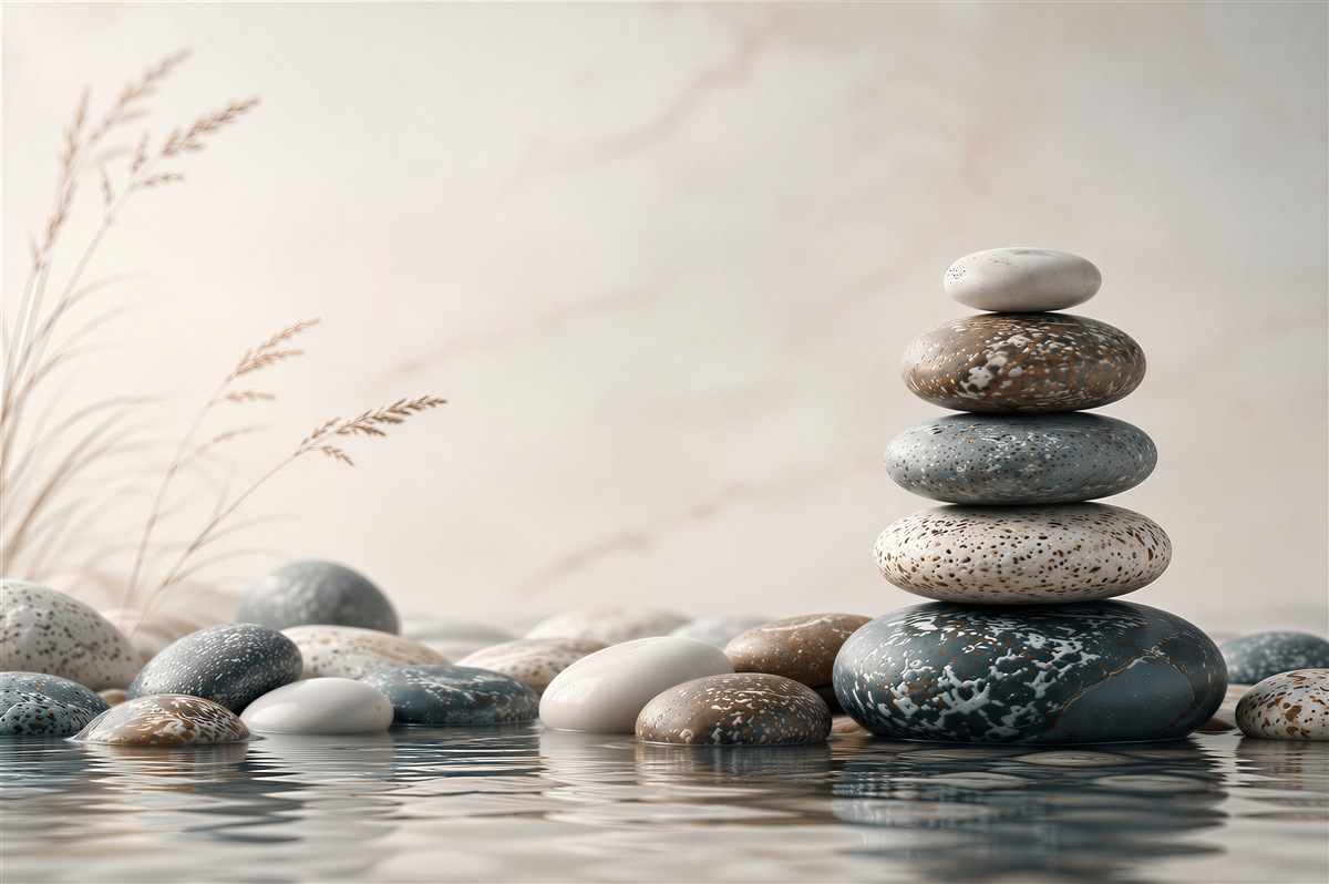 Fototapeten Zen-Steine über Wasser beige-grau beruhigendes Spa-Motiv