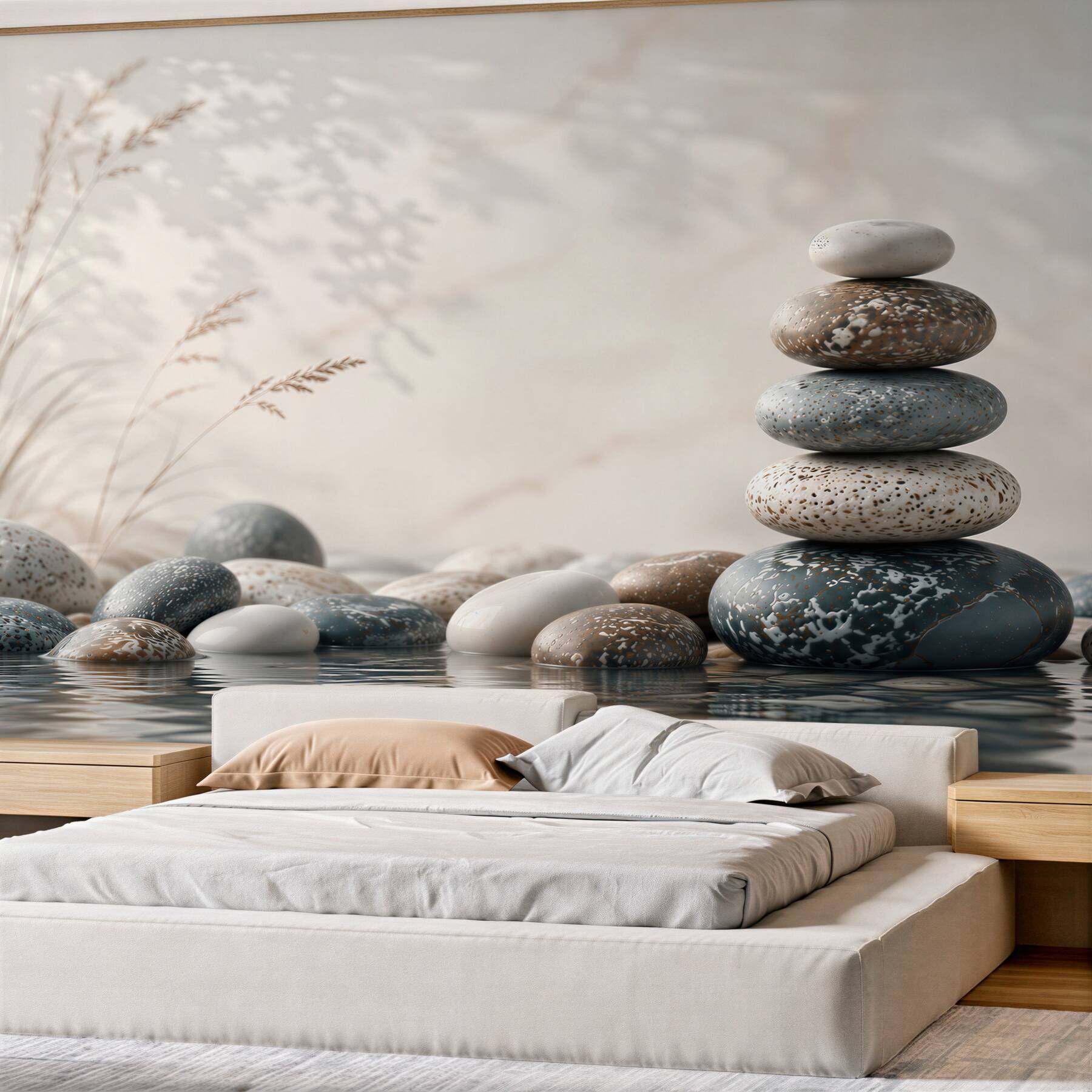 Fototapeten Zen-Steine über Wasser beige-grau beruhigendes Spa-Motiv