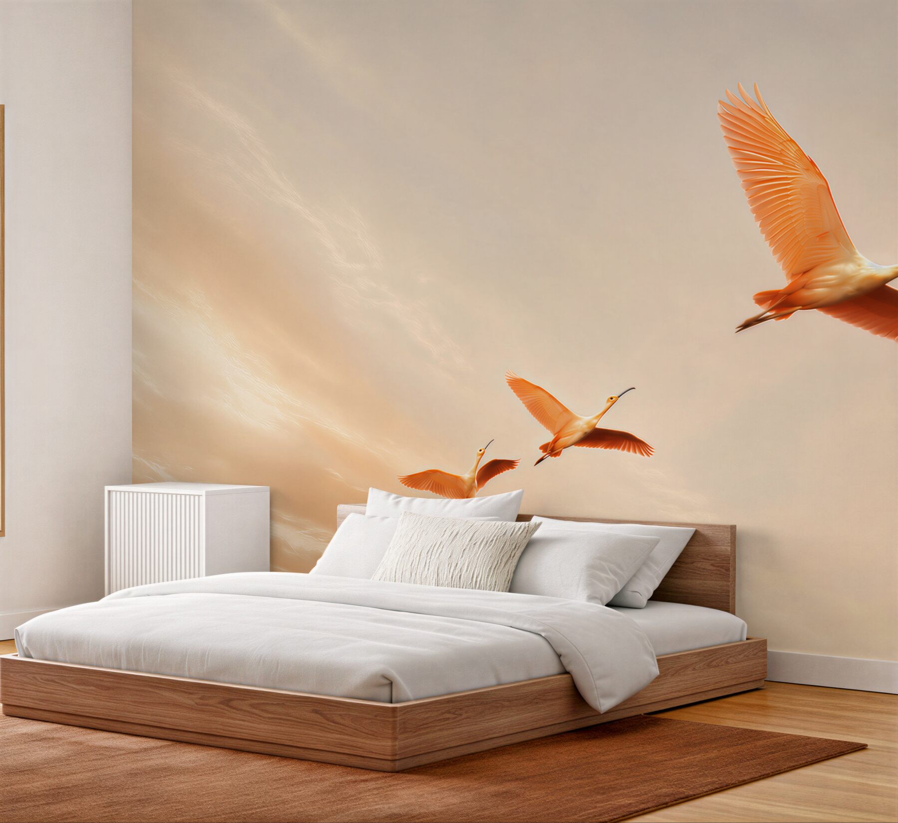 Fototapeten fliegende Ibisse in warmen Beigetönen ruhige Dekoration für das Wohnzimmer