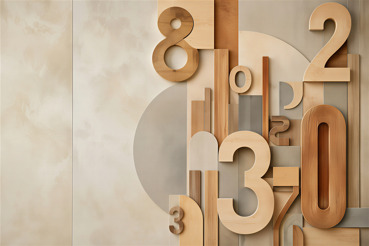 Fototapeten geometrische 3D-Zahlen in beige Holz modern für Büro