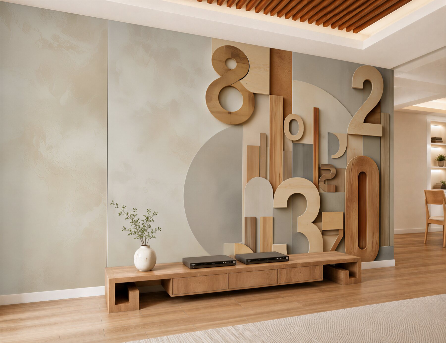 Fototapeten geometrische 3D-Zahlen in beige Holz modern für Büro