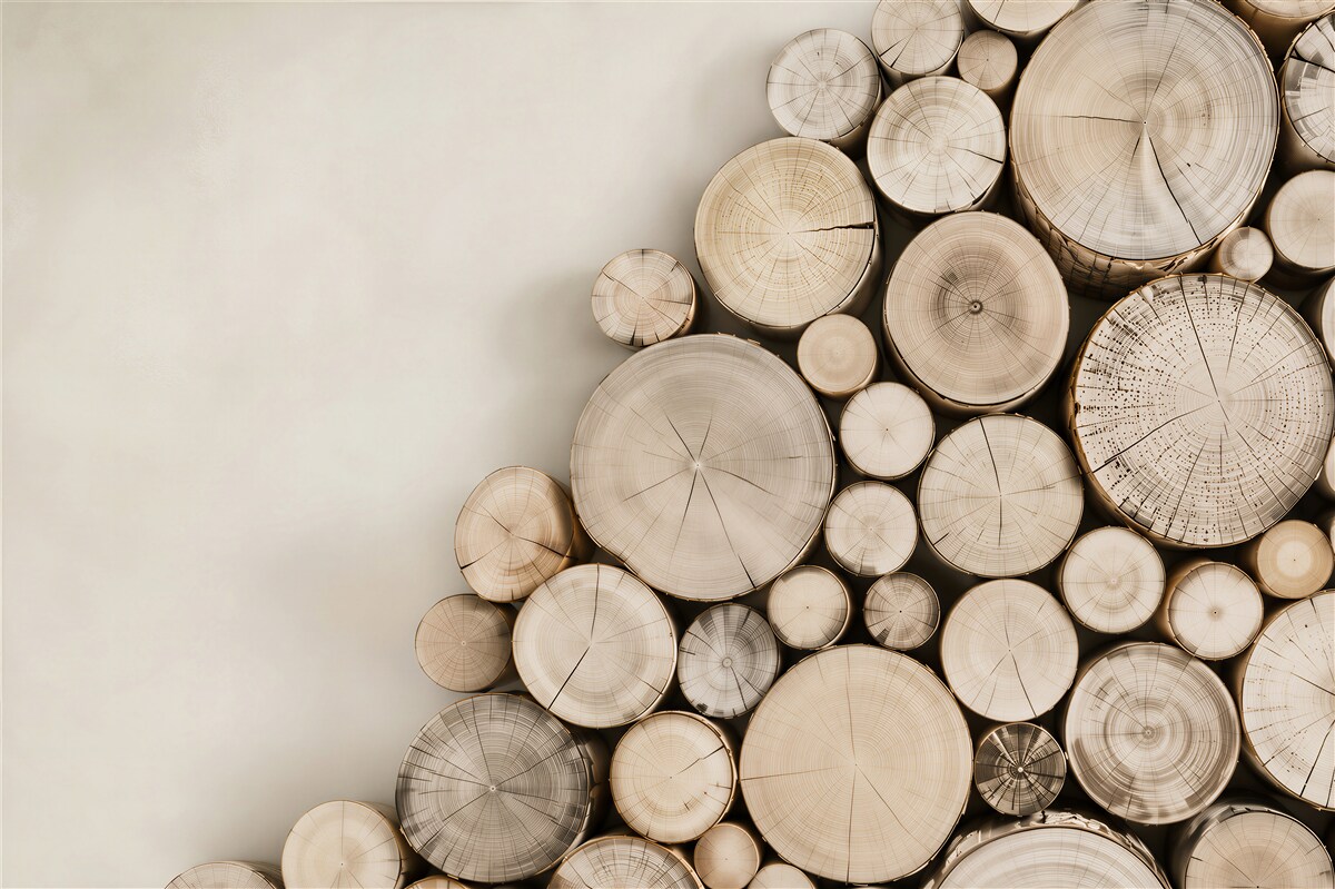 Fototapeten helle Holzscheiben auf neutralem Hintergrund für modernes Wohnzimmer