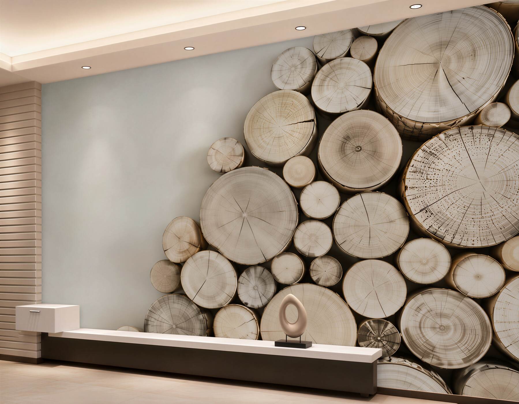 Fototapeten helle Holzscheiben auf neutralem Hintergrund für modernes Wohnzimmer