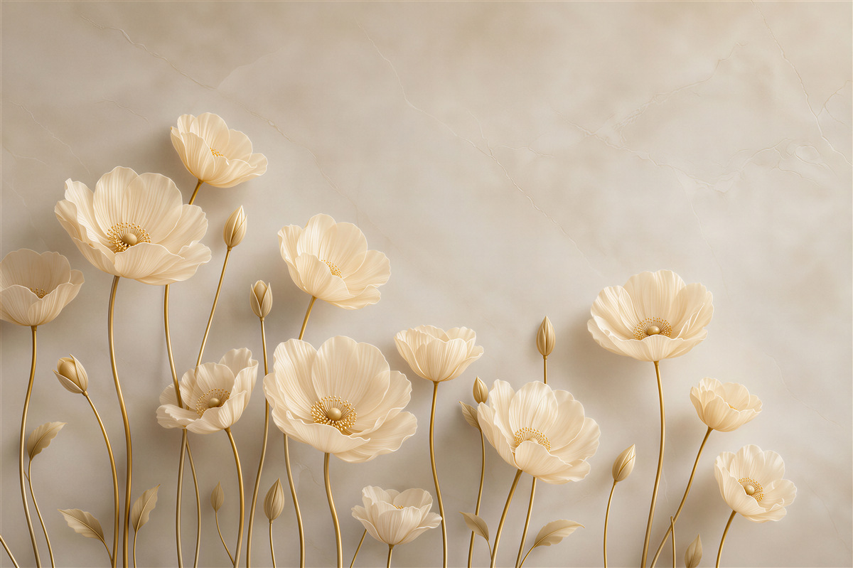 Fototapeten cremefarbene Blumen auf goldenen Stängeln elegant für das Schlafzimmer