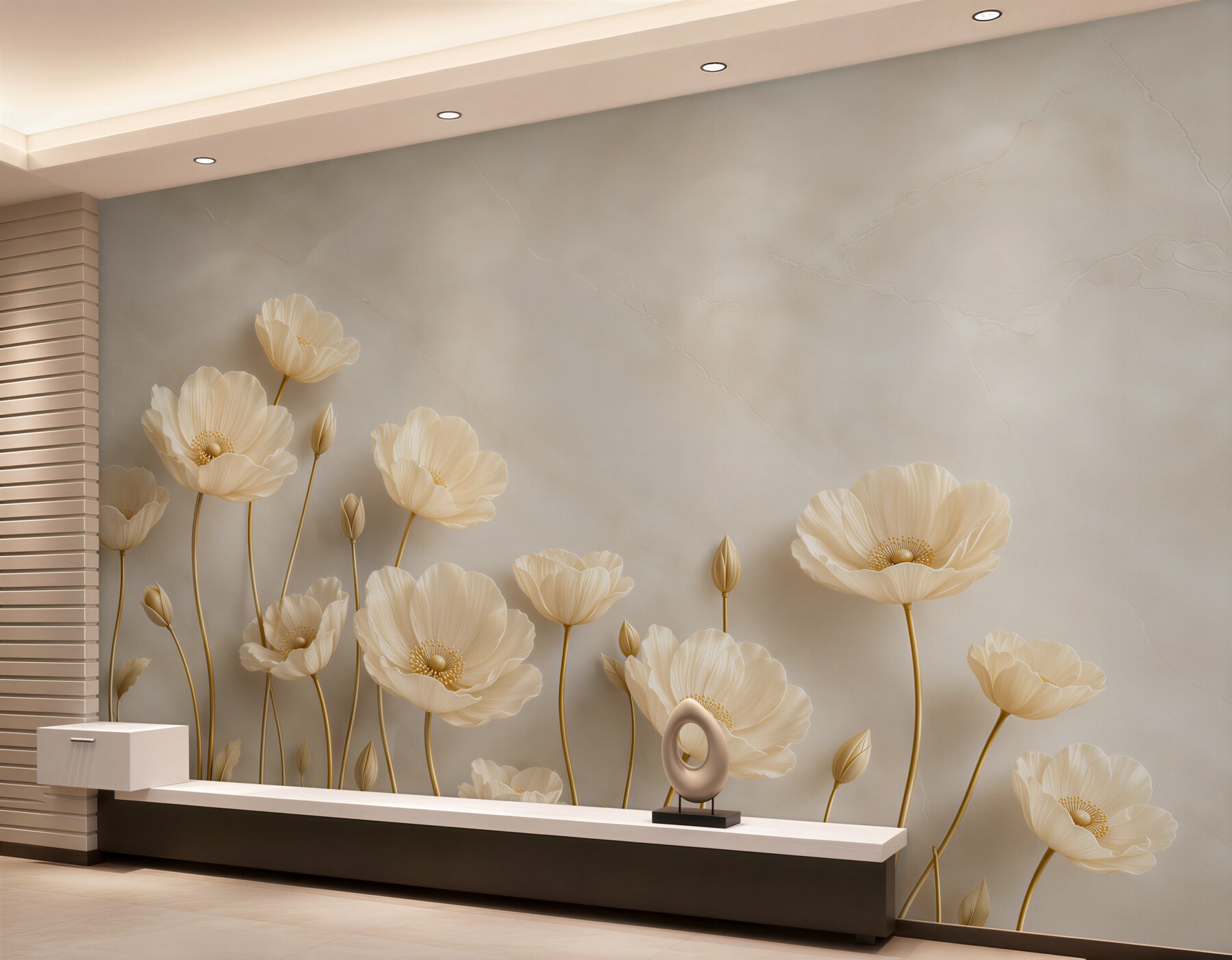 Fototapeten cremefarbene Blumen auf goldenen Stängeln elegant für das Schlafzimmer