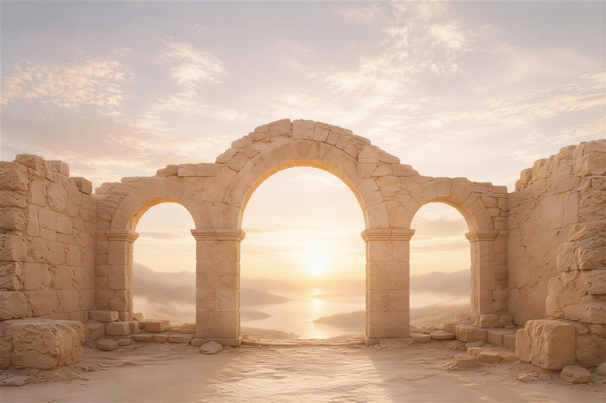 Fototapeten steinerne Arkaden bei Sonnenaufgang im mediterranen Stil