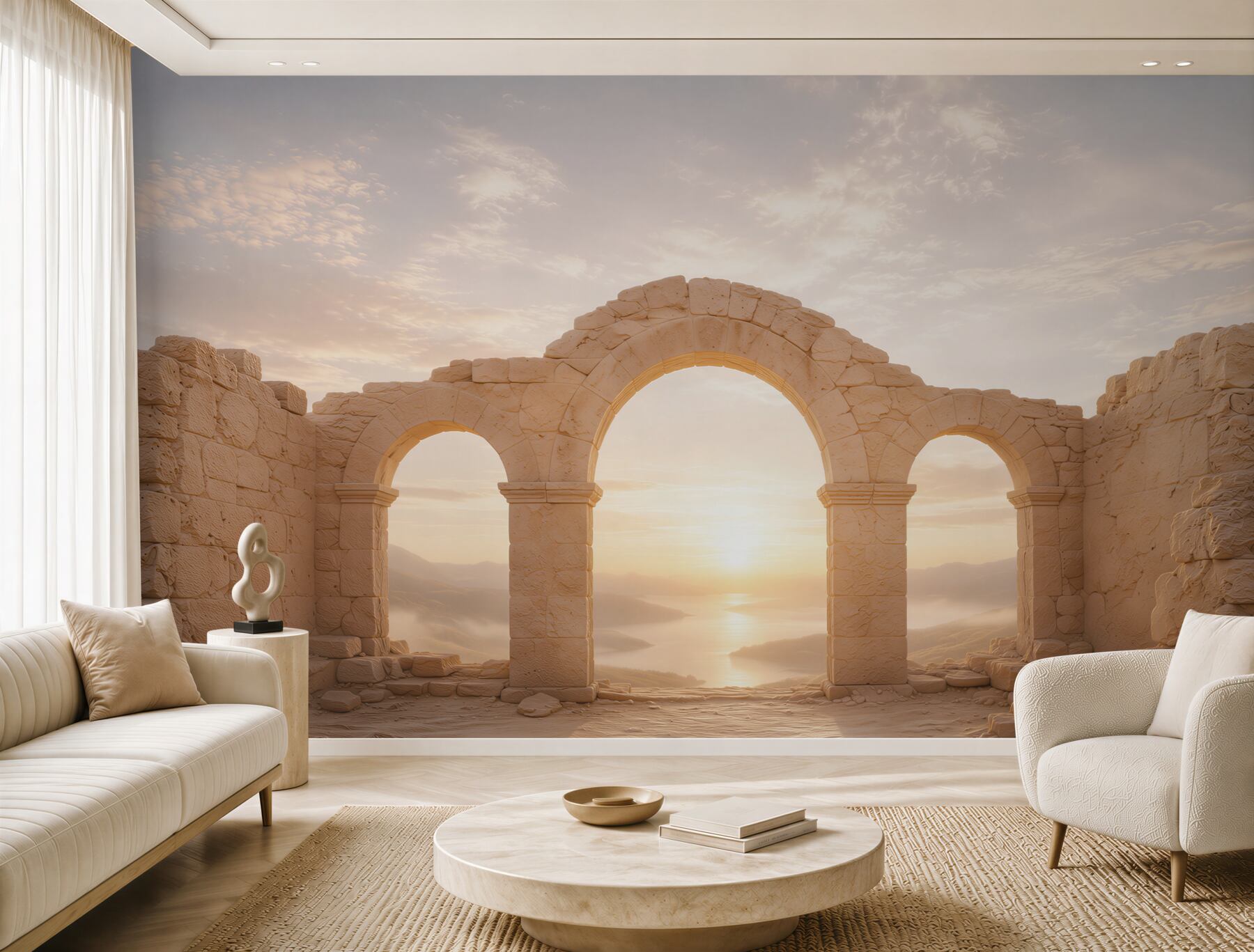Fototapeten steinerne Arkaden bei Sonnenaufgang im mediterranen Stil