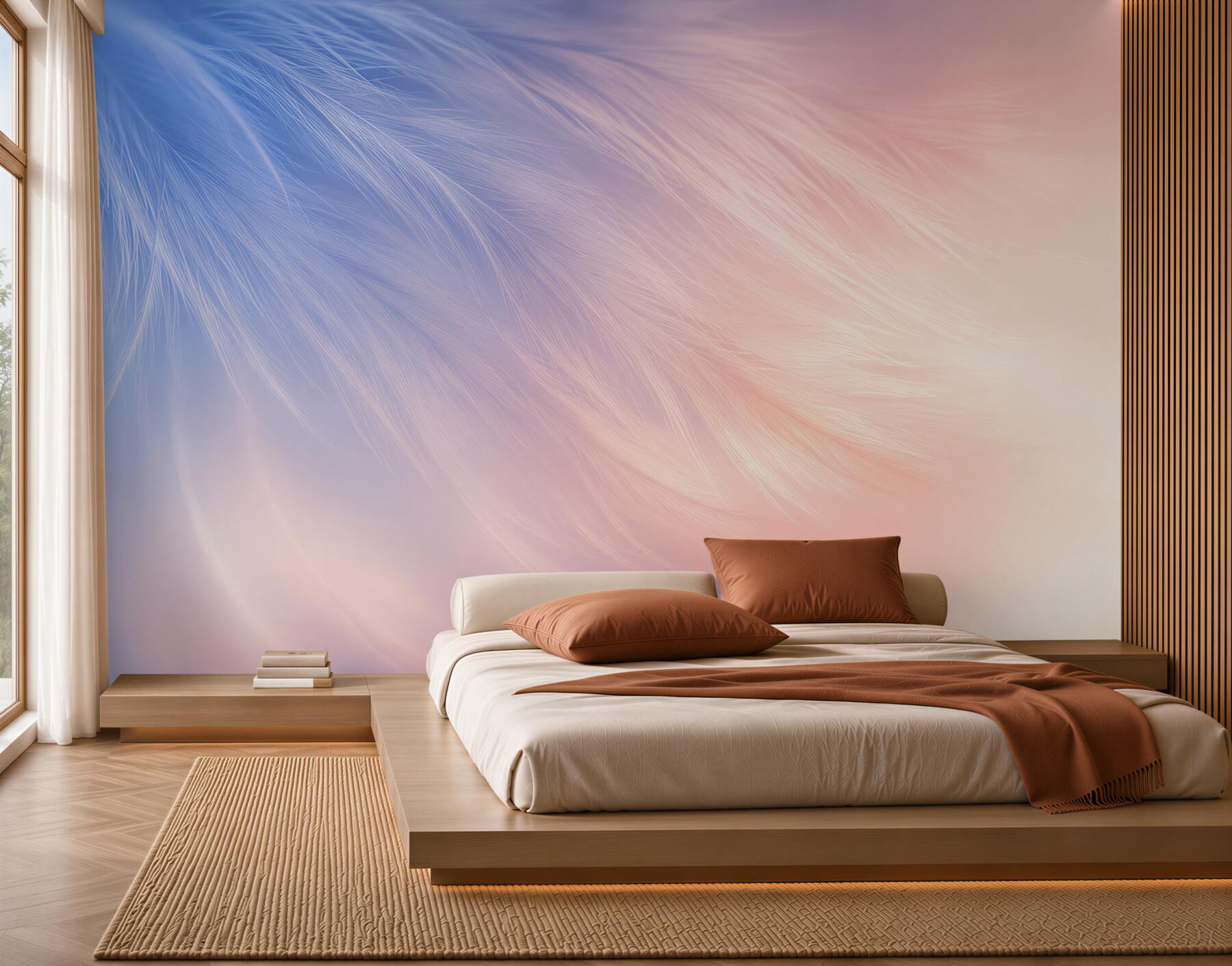 Fototapeten pastellfarbene rosa und blaue Federn zart für das Schlafzimmer