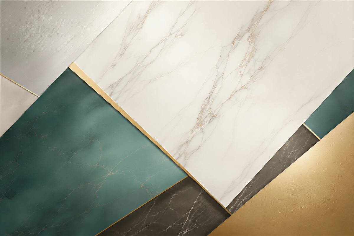 Fototapeten geometrischer weiß-grüner Marmor mit goldenen Akzenten modern
